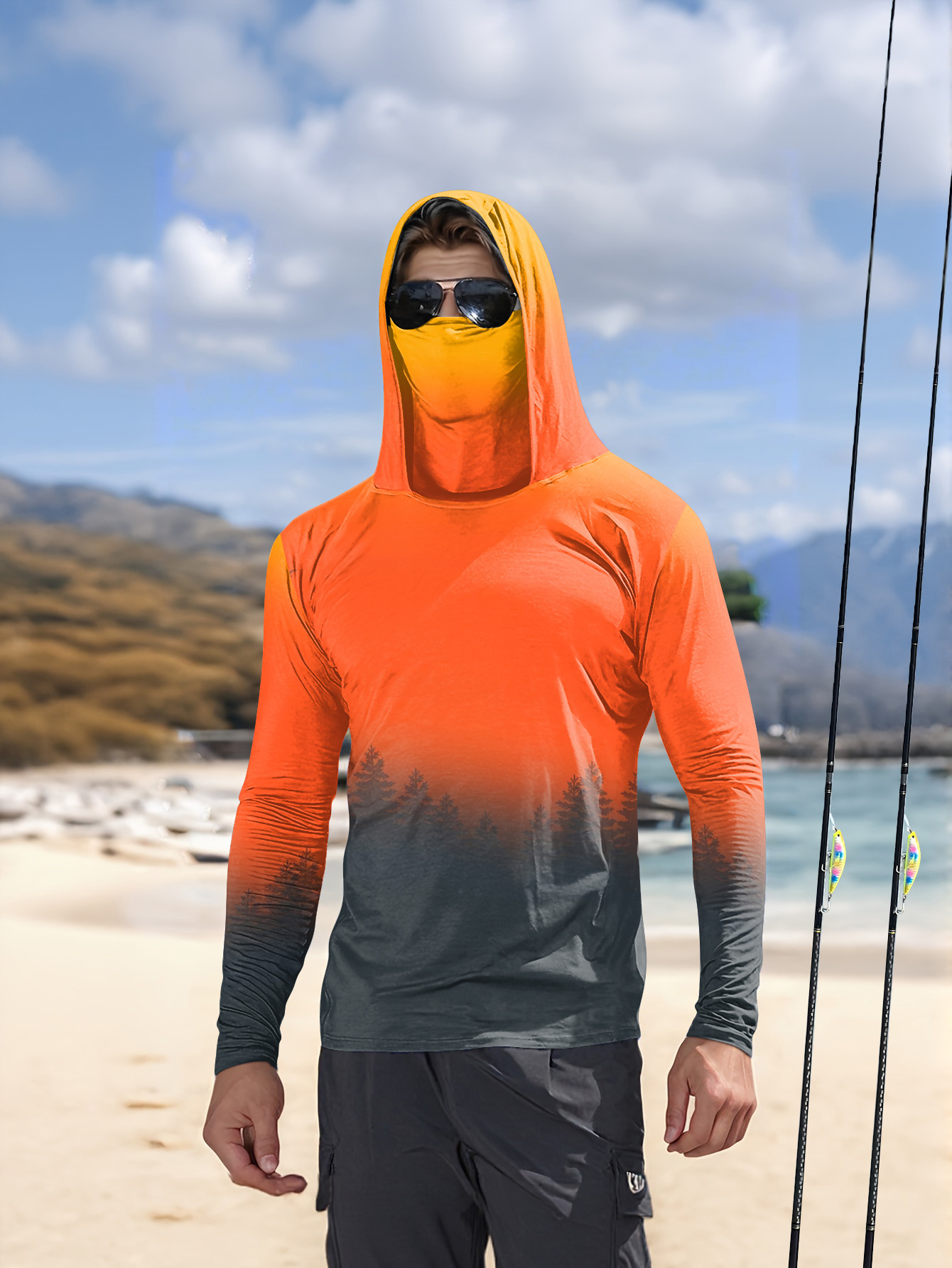 Fishing Hoodie - هودي رجالي مطبوع بتصميم الغابات المتدرجة